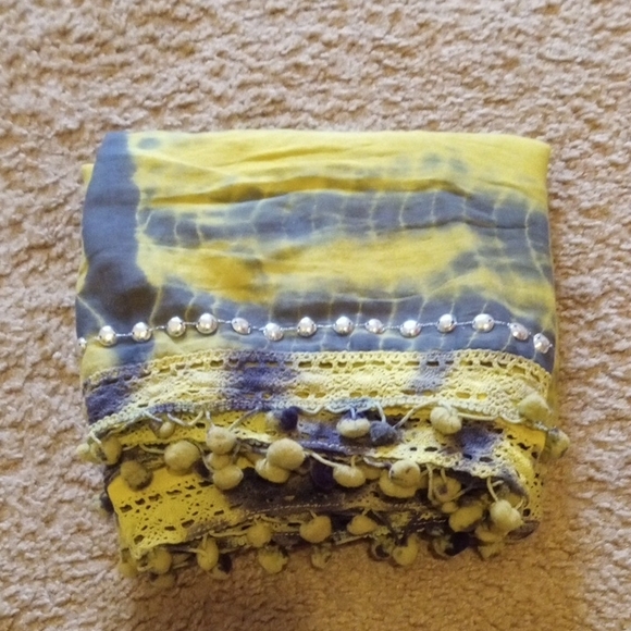 Yellow and Blue Beaded Countrywestern Boho 100% Cotton Scarf - Picture 6 of 7
